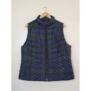 Talbots Down Vest Womens Petite XL Green Navy Blue Plaid Full Zip Pockets Tartan